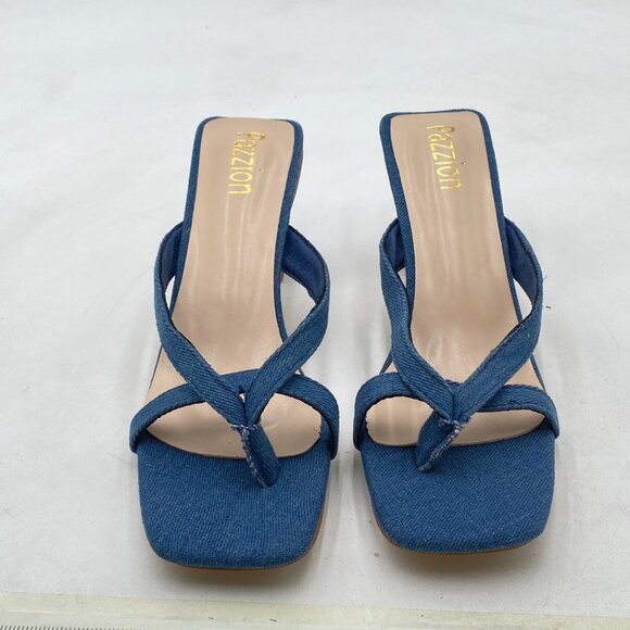 Pazzion Denim Blue Open Square Toe Kitten Heel Flip Flop Sandals Slip On Slipper - Picture 3 of 8